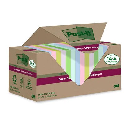 PACK 144 BLOCS 90 HOJAS NOTAS RECICLADAS ADHESIVAS 76X76MM SUPER STICKY COLORES SURTIDOS 654 RSSCOL144 POST IT 7100284782