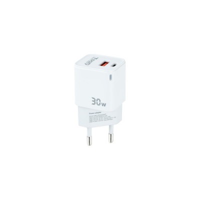 TooQ Cargador de Pared GaN USB C PD USB A QC 30W Blanco