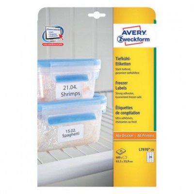 PAQUETE 25 HOJAS ETIQUETAS PARA EL CONGELADOR IMPRESORAS LaSER INYECCIoN DE TINTA Y FOTOCOPIADORAS 635 X 339 MM AVERY L7970 25