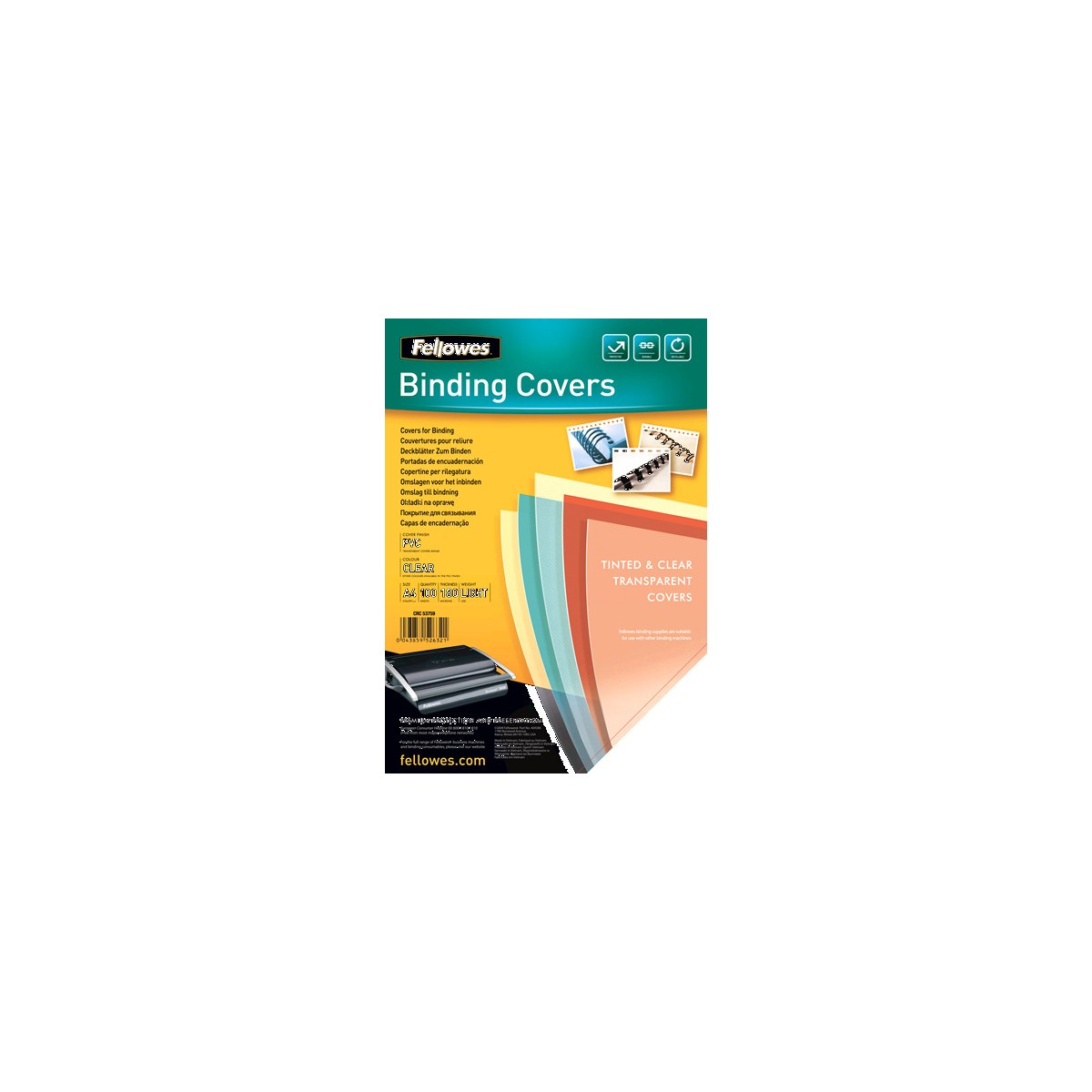 PACK 100 PORTADAS PVC TRANSPARENTE CRISTAL 180 MICRAS A4 FELLOWES 5375901