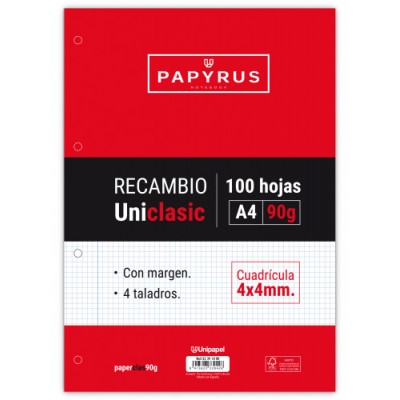 RECAMBIO PAQUETE 100 HOJAS A4 UNICLASIC 90 GR 4X4 CON MARGEN PAPYRUS 53391000