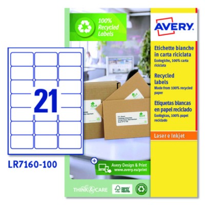 CAJA 100 ETIQUETAS BLANCAS RECICLADAS QUICKPEEL IMPRESORAS LaSER 635X381 21 ETIQUETAS POR HOJA AVERY LR7160 100