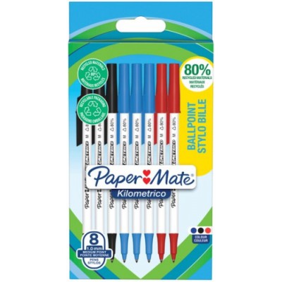 BLiSTER 8 BOLiGRAFOS PAPER MATE KILOMeTRICO PUNTA MEDIANA 10MM TINTA NEGRA AZUL Y ROJA 80 RECICLADO PAPER MATE 2187680